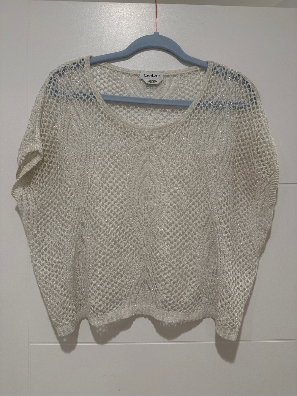 bebe Cream Open-Weave Short Sleeve Crew Sweater